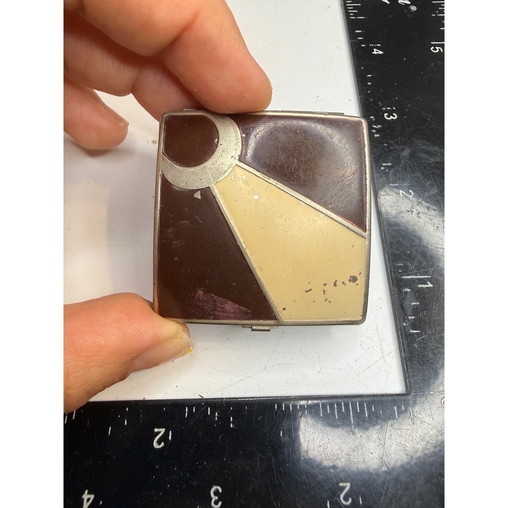 Art Deco Enamel Makeup Compact Square Brown Cream Geometric Sunburst Mirror